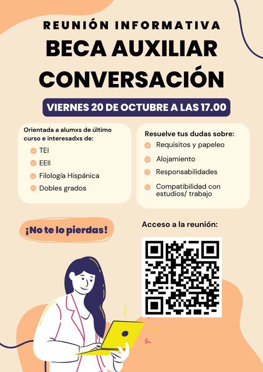 ¡Buenos días! Como he recibido muchísimas preguntas sobre la beca de Auxiliar de Conversación, he decidido organizar una mesa redonda en la que contar mi experiencia y resolver las dudas que puedan surgir. Está especialmente orientada a alumnxs de último curso, pero también a +