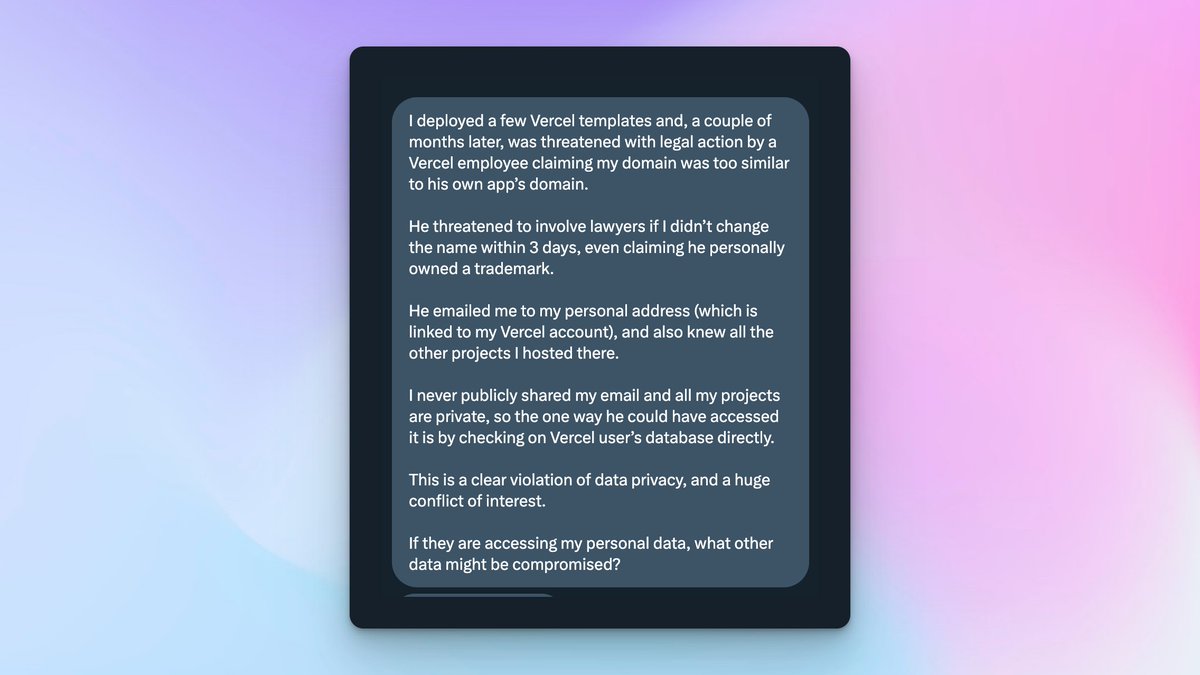 nico_jeannen's tweet image. Part 2, it gets worse 💀💀

Apparently, @OpenDevLog was threatened by a Vercel employee because his domain name was too similar to the employee&apos;s personal project. 

He threatened to get lawyers involved if the name wasn&apos;t changed within 3 days

The employee used his access at…