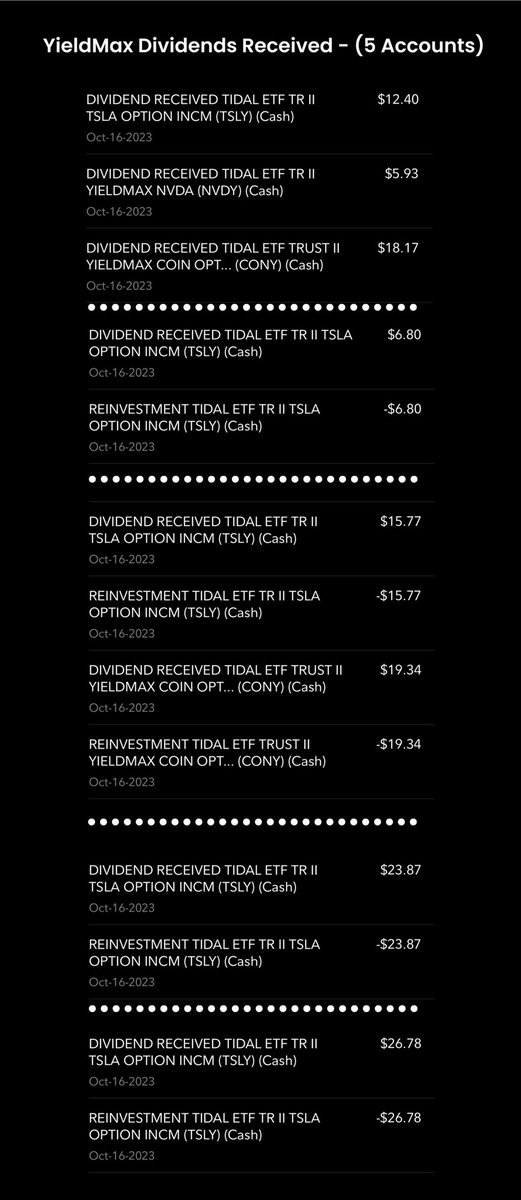 DividendSnwball's tweet photo. My very modest @YieldMax Payout this morning.. 
5 accounts, including my kids accounts.
#DadMatch https://t.co/1gVuG30gx7