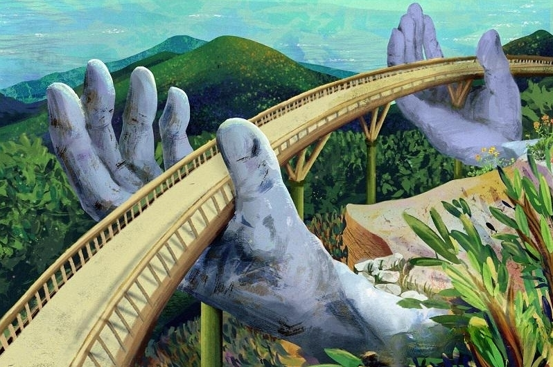 tosau020919's tweet photo. This is an artwork about the Golden Bridge at Ba Na Hills, Da Nang. I really like it because it is the tourism symbol of my hometown - Da Nang, Vietnam. Many friends from around the world come here to travel and visit the Golden Bridge.
@CryptospaceArt #youandart https://t.co/YH1m7kISYu