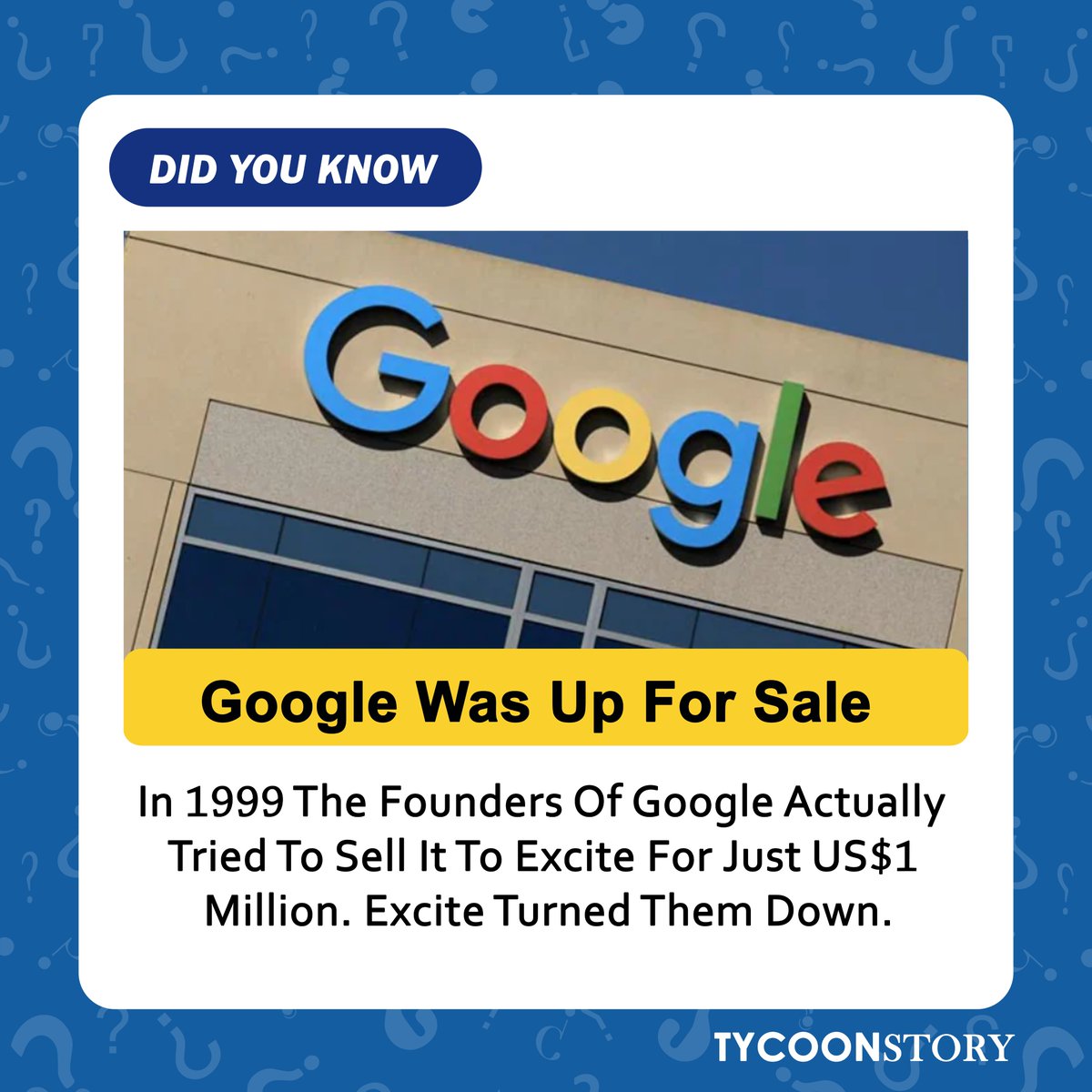 #DidYouKnow

#TechHistory #googleorigin #startupstories #businessdecisions #missedopportunities #turningpoint #internethistory #TechGiants
#entrepreneurship #milestonemoment