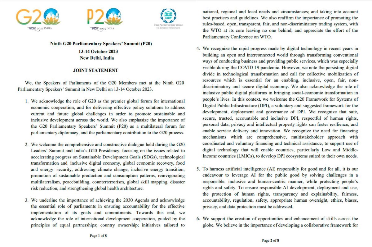 LokSabhaSectt's tweet photo. At the 9th #G20 Parliamentary Speakers' Summit (#P20), Presiding Officers of #G20 Parliaments with the shared vision of #OneEarth #OneFamily #OneFuture, adopted a Joint Statement aimed at shaping a better world.
#P20Bharat | #P20Summit #P20India | #P20Conference https://t.co/CrASyUP8su
