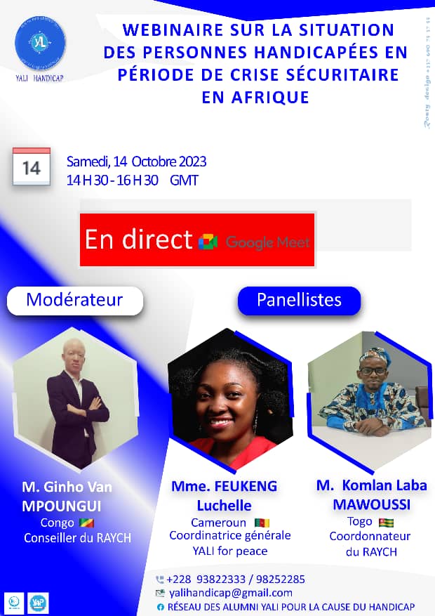 Handihardi21's tweet image. Soyez au rendez-vous pour ne rien rater du Webinaire du Réseaux #YALIHANDICAP sur la situation des personnes handicapées en période de crises sécuritaires en Afrique.

Au programme,deux sous-thèmes présentés par d&apos;experts.

C&apos;est tout à l&apos;heure à 14H30 sur
meet.google.com/zxa-yfzn-kji