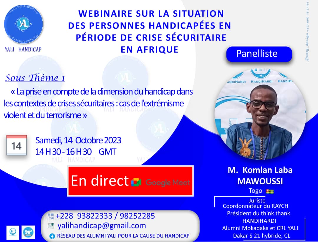 Handihardi21's tweet image. Soyez au rendez-vous pour ne rien rater du Webinaire du Réseaux #YALIHANDICAP sur la situation des personnes handicapées en période de crises sécuritaires en Afrique.

Au programme,deux sous-thèmes présentés par d&apos;experts.

C&apos;est tout à l&apos;heure à 14H30 sur
meet.google.com/zxa-yfzn-kji