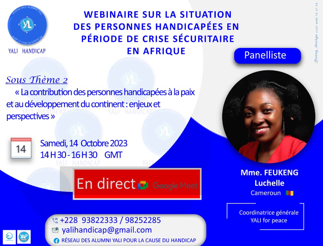 Handihardi21's tweet image. Soyez au rendez-vous pour ne rien rater du Webinaire du Réseaux #YALIHANDICAP sur la situation des personnes handicapées en période de crises sécuritaires en Afrique.

Au programme,deux sous-thèmes présentés par d&apos;experts.

C&apos;est tout à l&apos;heure à 14H30 sur
meet.google.com/zxa-yfzn-kji