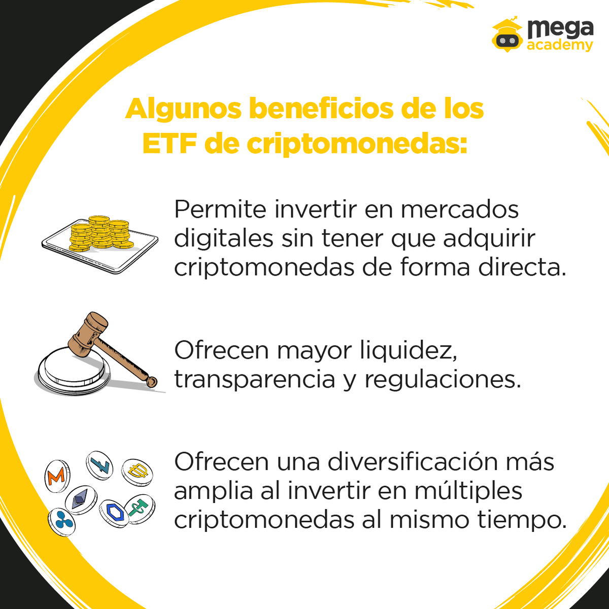 🫵🤓¿Quieres #invertir en #criptomonedas sin complicaciones?🤩 Descubre los #ETF de criptomonedas, una nueva forma de acceder al #mercadodigital pero con la seguridad jurídica de los reguladores #financieros🪙👨‍⚖️📈. Ven y aprende más sobre las ETF en #MegaAcademy