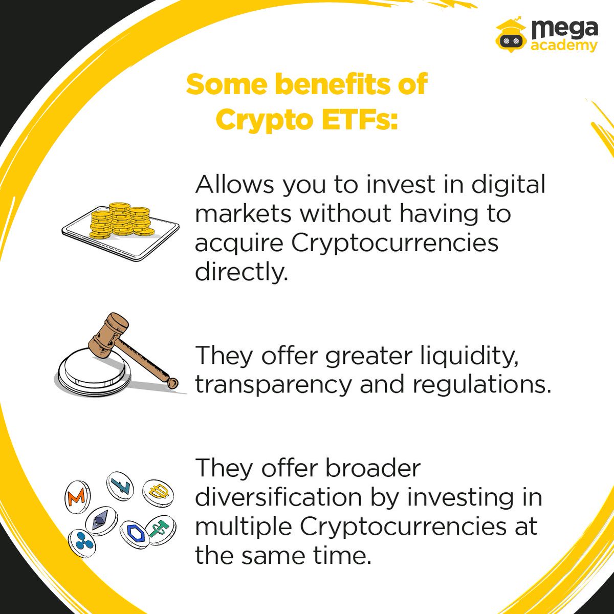 Megaacademy_en's tweet image. 🫵🤓Do you want to #invest in #Cryptocurrencies without complications?🤩 Discover #Crypto #ETFs, a new way to access the #digitalmarket but with the legal security of #financial regulators 🪙👨‍⚖️📈 Come and #learn more about ETFs at #MegaAcademy, the crypto expert!