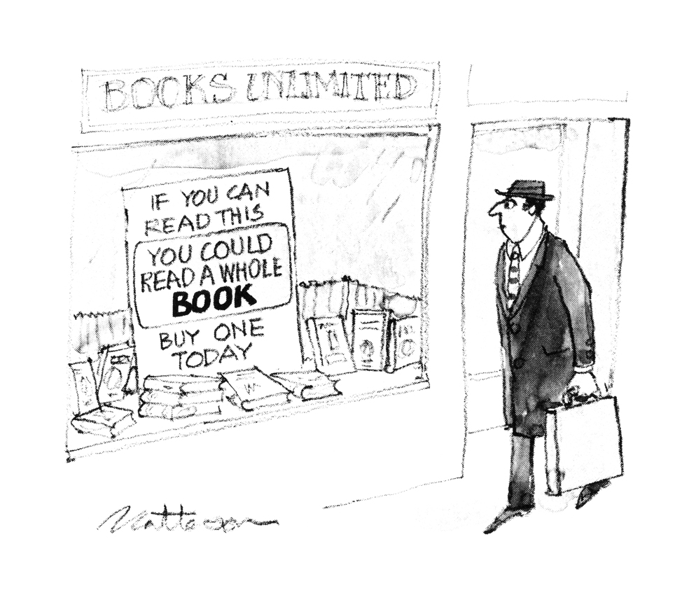 Today is #BookshopDay. So read the sign and remember... PUNCH cartoon by Rip Matteson 1988 #books #reading #bookshops #bookstores #readers #literature #literary #readers #shops #retail