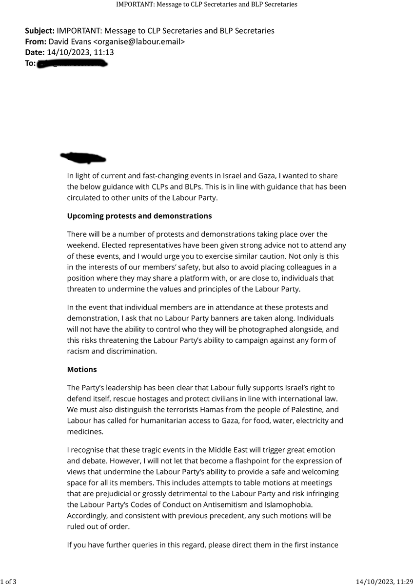 LivRivLeft's tweet photo. We have received this leaked internal email from @UKLabour Gen. Secretary, David Evans to Party unit secretaries.  It appears to be a threat of expulsion for protesting against war crimes, genocide and ethnic cleansing. https://t.co/PozOfw40CK