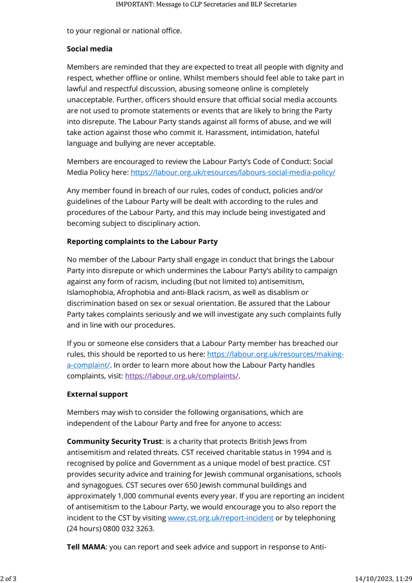 LivRivLeft's tweet photo. We have received this leaked internal email from @UKLabour Gen. Secretary, David Evans to Party unit secretaries.  It appears to be a threat of expulsion for protesting against war crimes, genocide and ethnic cleansing. https://t.co/PozOfw40CK