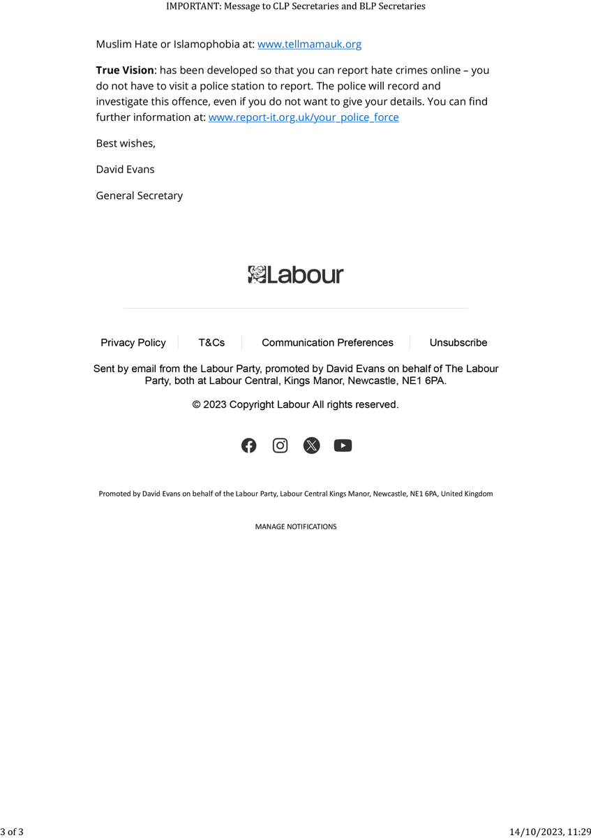 LivRivLeft's tweet photo. We have received this leaked internal email from @UKLabour Gen. Secretary, David Evans to Party unit secretaries.  It appears to be a threat of expulsion for protesting against war crimes, genocide and ethnic cleansing. https://t.co/PozOfw40CK