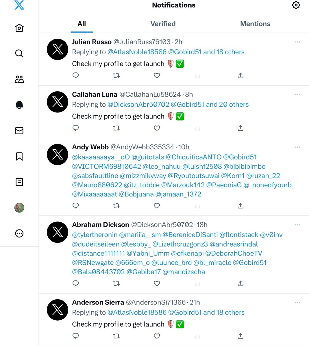 Gobird51's tweet photo. Looks like this platform has hit rock bottom.
All I get in my notifications are scams. https://t.co/kE8tb5pJBx