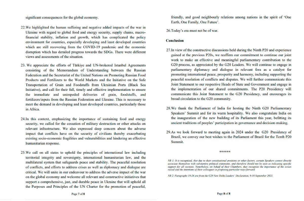 At the 9th G20 Parliamentary Speakers' Summit (#P20), Presiding Officers of #G20 Parliaments with the shared vision of 'One Earth. One Family. One Future' adopted a Joint Statement aimed at shaping a better world.

#P20Summit #P20Conference #P20india #P20Bharat #Parliament20