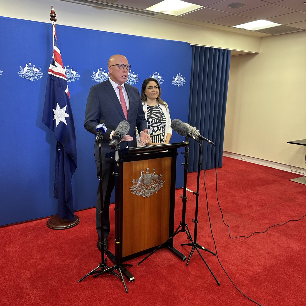 Peter Dutton and Jacinta Price are addressing the media in Brisbane. Mr Dutton says the Prime Minister “held the pen of this divisive chapter in our history…” @9NewsAUS #auspol