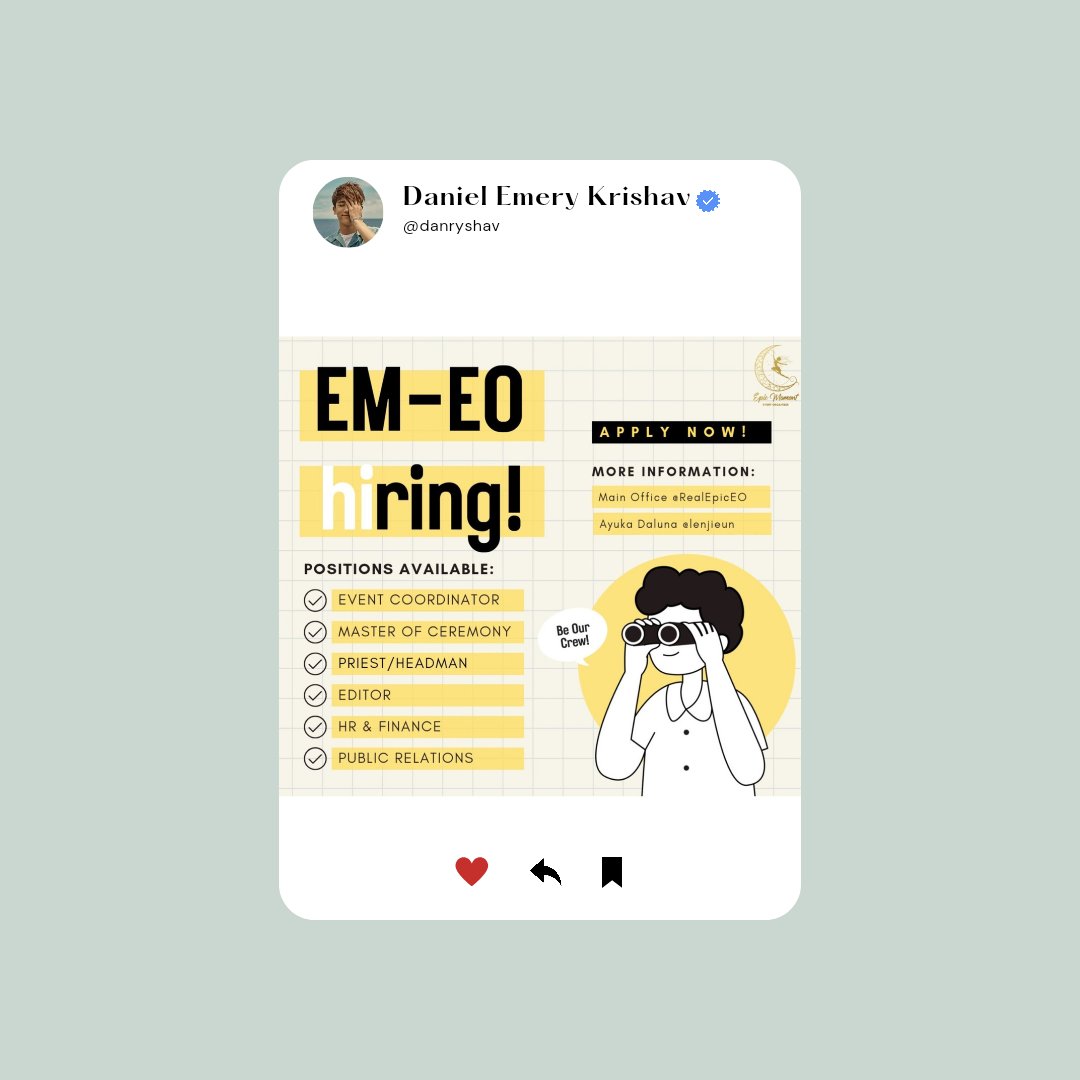 ⠀ 

☰☰☰ 𝑰𝒏𝒔𝒕𝒂𝒈𝒓𝒂𝒎 ☰☰☰☰
𝐝𝐚𝐧𝐫𝐲𝐬𝐡𝐚𝐯 ❘ 𝑝𝑜𝑠𝑡𝑒𝑑  :

Epic Moment EO (<a href="/EpicMomentEO/">Epic Moment-EO Open November 📢</a>) is looking for you to fill up the position and be the best crew of them! Dare to try it? Check the detail on the poster that linked below! 👇🏻

x.com/RealEpicEO/sta…

ㅤ