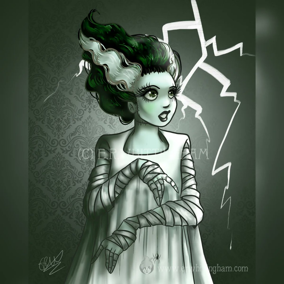 *pokes head out of bat cave* I made three variations of the Bride of Frankenstein for <a href="/Galleries1988/">Gallery1988</a> 'Cover Your Eyes' Horror Movie Art Show. There is one of each up for grabs available as a one-off framed print. Check out the show online if you can!