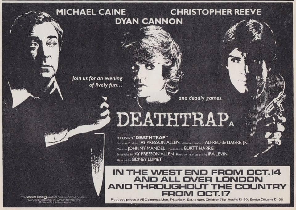 Forty-one years ago today, West End audiences enjoyed an evening of lively fun and deadly games… #Deathtrap #MichaelCaine #ChrstopherReeve #DyanCannon #1980s #film #films #SidneyLumet #IraLevin #Crime #MYSTERY #thriller