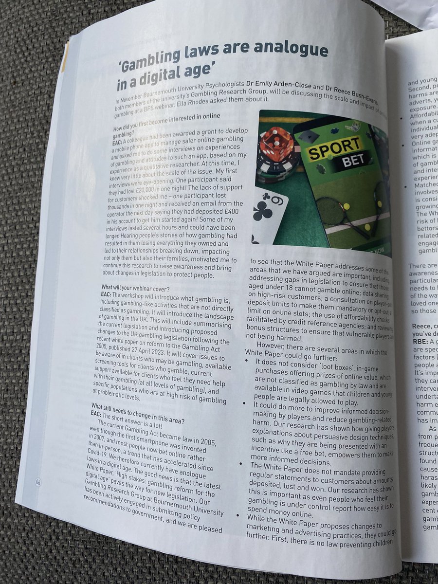 Proud to see our article on the impact of online gambling in the November edition of The Psychologist <a href="/reecebushevans/">Dr Reece Bush-Evans 🏳️‍🌈</a>. 
<a href="/GamResearchBU/">Gambling Research Group</a> <a href="/Bournemouth_Psy/">Bournemouth Psych</a> <a href="/divhealthpsych/">BPS DHP</a>