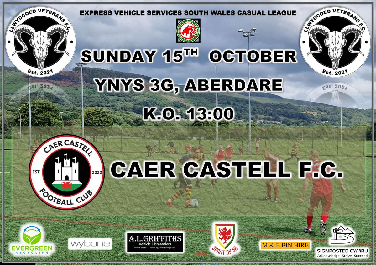 Llwydcoed Vets FC (@coedvets) on Twitter photo We finally get our <a href="/swcasualsleague/">South Wales Casual League</a> season underway tomorrow as we welcome <a href="/CaerFc/">Caer Castell FC</a> to the Ynys for a 1pm KO in a hastily rearranged fixture.
All welcome back to @Aberdare_RFC before heading to <a href="/Cymru/">Wales ๐ด๓ ง๓ ข๓ ท๓ ฌ๓ ณ๓ ฟ</a> game ๐ด๓ ง๓ ข๓ ท๓ ฌ๓ ณ๓ ฟ๐ด๓ ง๓ ข๓ ท๓ ฌ๓ ณ๓ ฟ๐ด๓ ง๓ ข๓ ท๓ ฌ๓ ณ๓ ฟ๐ด๓ ง๓ ข๓ ท๓ ฌ๓ ณ๓ ฟ๐ด๓ ง๓ ข๓ ท๓ ฌ๓ ณ๓ ฟ
<a href="/Litter_Bins/">Wybone</a> <a href="/SignpostedC/">Signposted Cymru</a> <a href="/spiritof58wales/">TIM WILLIAMS</a> <a href="/farfromsaints/">Far From Saints</a> We finally get our <a href="/swcasualsleague/">South Wales Casual League</a> season underway tomorrow as we welcome <a href="/CaerFc/">Caer Castell FC</a> to the Ynys for a 1pm KO in a hastily rearranged fixture.
All welcome back to @Aberdare_RFC before heading to <a href="/Cymru/">Wales ๐ด๓ ง๓ ข๓ ท๓ ฌ๓ ณ๓ ฟ</a> game ๐ด๓ ง๓ ข๓ ท๓ ฌ๓ ณ๓ ฟ๐ด๓ ง๓ ข๓ ท๓ ฌ๓ ณ๓ ฟ๐ด๓ ง๓ ข๓ ท๓ ฌ๓ ณ๓ ฟ๐ด๓ ง๓ ข๓ ท๓ ฌ๓ ณ๓ ฟ๐ด๓ ง๓ ข๓ ท๓ ฌ๓ ณ๓ ฟ
<a href="/Litter_Bins/">Wybone</a> <a href="/SignpostedC/">Signposted Cymru</a> <a href="/spiritof58wales/">TIM WILLIAMS</a> <a href="/farfromsaints/">Far From Saints</a>