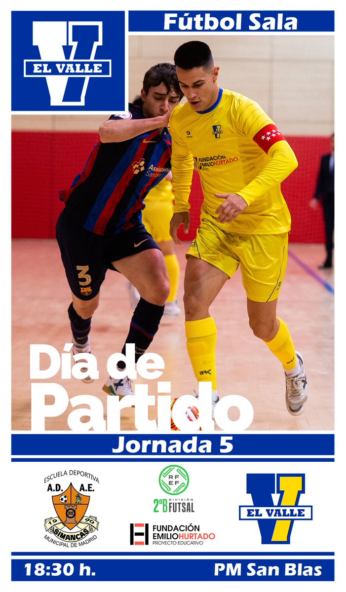 #FS ⚽️ Día de Partido 
🏆 2ªB <a href="/FutSalRFEF/">Futsal RFEF</a> - Jornada 5
🆚️ <a href="/ADAESIMANCAS/">A.D.A.E.SIMANCAS</a> 
⏰️ 18:30 h.
🏟 PM San Blas