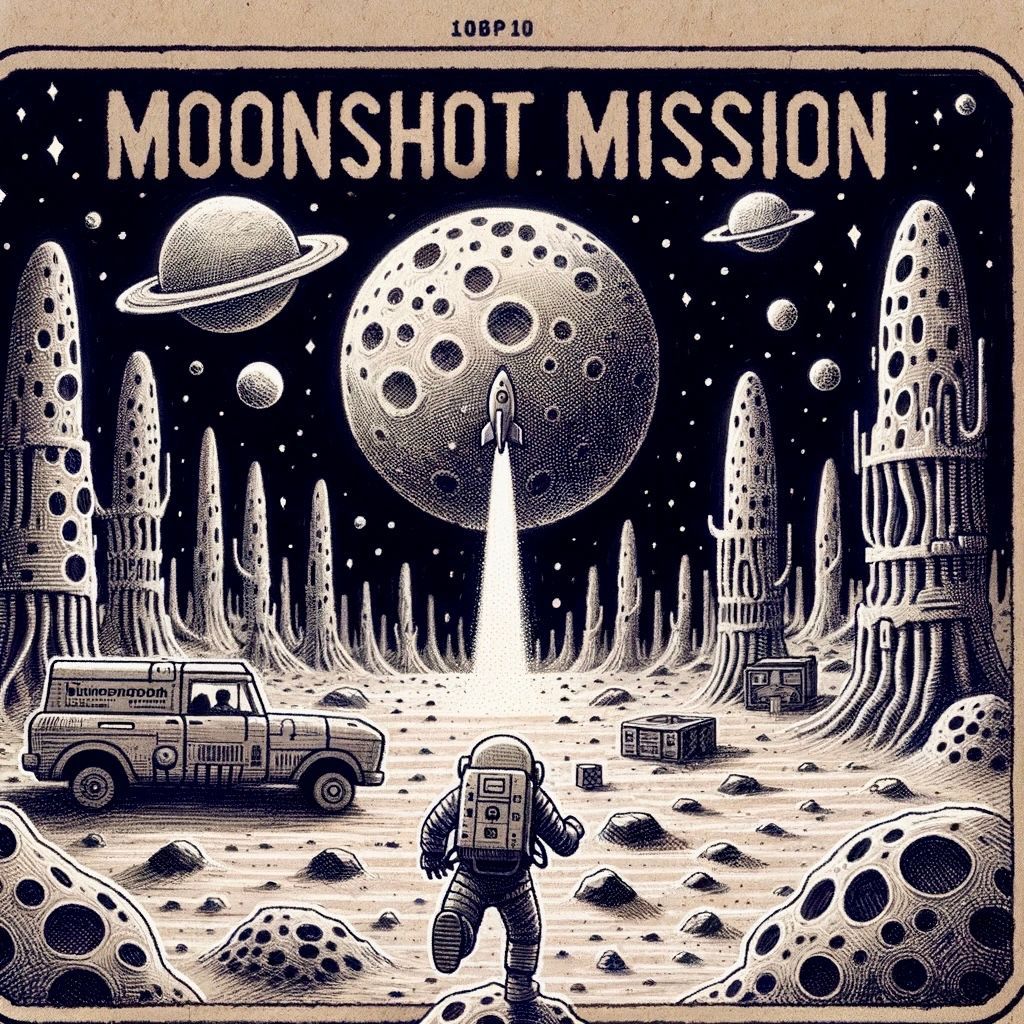 MoonshotMission's tweet photo. An almost accurate representation of the core concept of the game. Except for the car. There’s no car in the game. I fought long and hard with Mr. Dalle the Third about having a car on a moon, but I was overruled. So, imagine there’s no car.

#moonshotmission #sisunaut #gamedev https://t.co/1LAQZSlZdO