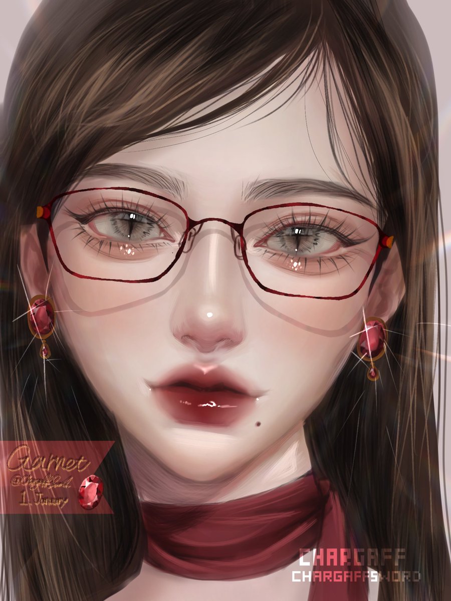 1girl solo glasses jewelry earrings mole red lips  illustration images