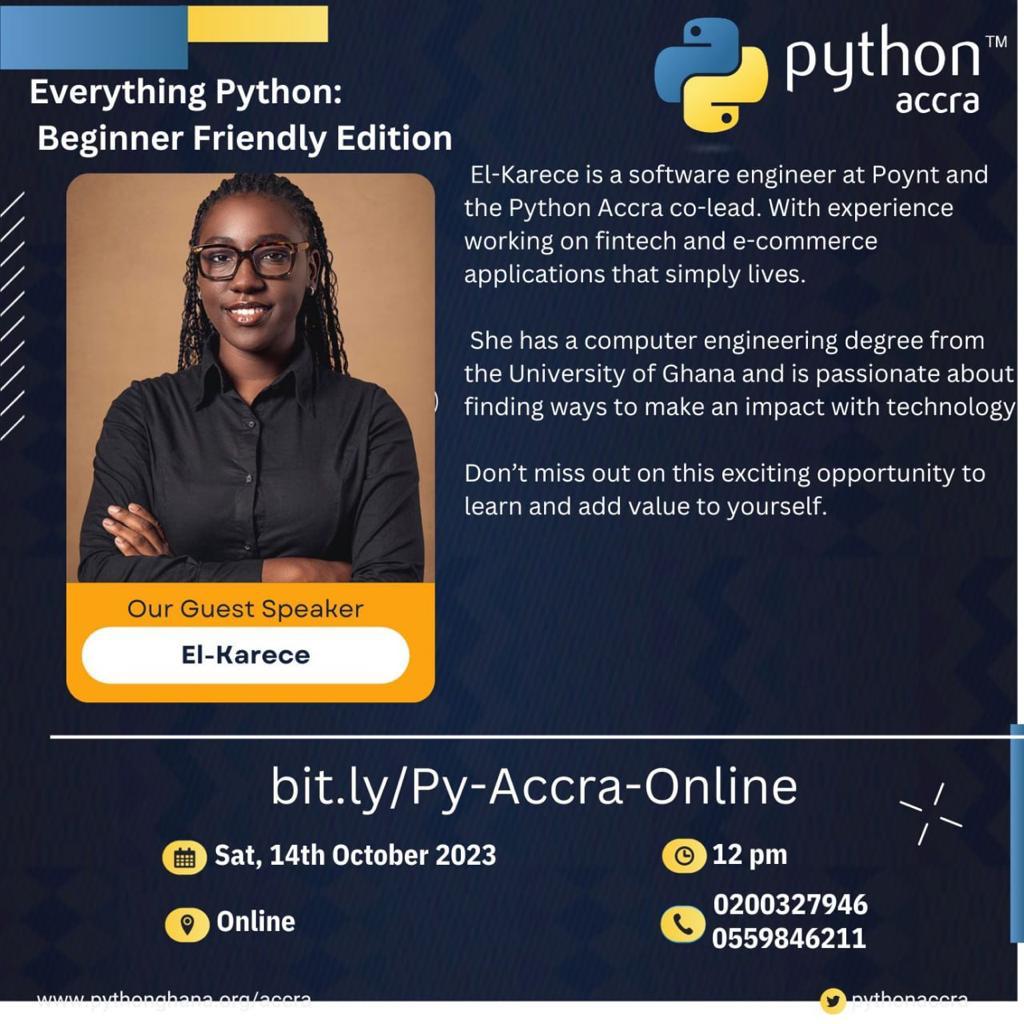 PythonAccra's tweet photo. π Exciting news! We're thrilled to announce a special guest speaker @a_karece for our Python Beginners Online Webinar TODAY! Dive deep into Python with insights from an industry expert. Don't miss out on this opportunity to learn and network! πβ¨ #PythonWebinar #LearnPython https://t.co/6HWCEb2Mzt