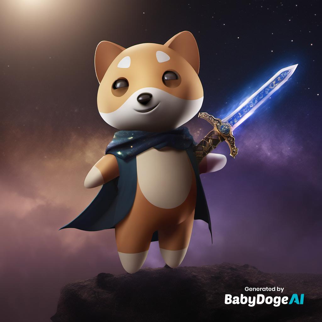 "light painting of BabyDoge mage holding a sword, galaxy background, dramatic lighting, dystopia" Generated via #BabyDogeAi Generate your own now at BabyDogeSwap.com/Ai