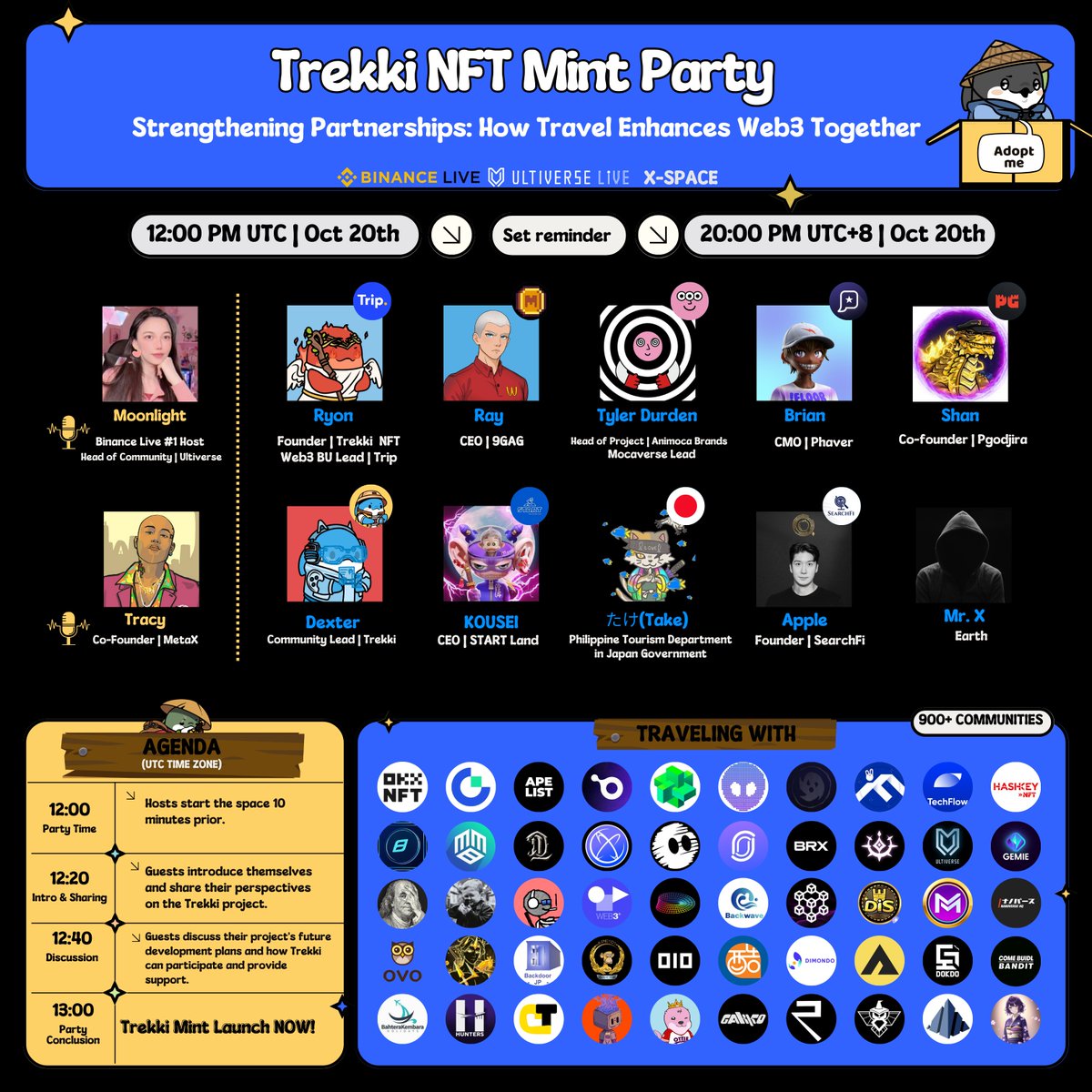 Trekki's Mint Party: 12:00 PM UTC, Oct 20th →Trekki Mint Time: 13:00PM UTC, Oct 20th Turn on notifications and set a reminder for a chance to win special gifts. twitter.com/i/spaces/1OyKA…… •Chill in w/@TrekkiNFT / @Trip /@9gagceo /@searchfi_eth /@shanicucic96 /@blammmmm…