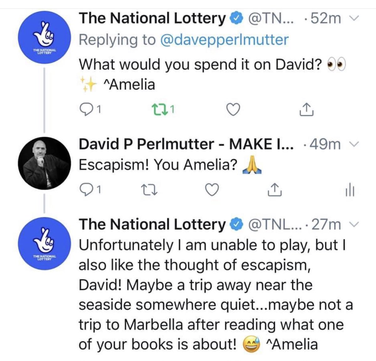 davepperlmutter's tweet photo. @TNLUK Chit chat with Amelia from @TNLUK and I wonder if she’s read #WrongPlaceWrongTime 😄 Anyway, received an email #thismorning confirming I’ve won a prize. Bet it’s not the millions! Be a lucky dip knowing me! 😄 @goldenmileprods ✍🏼🎬 https://t.co/EGQOe3Z0hw