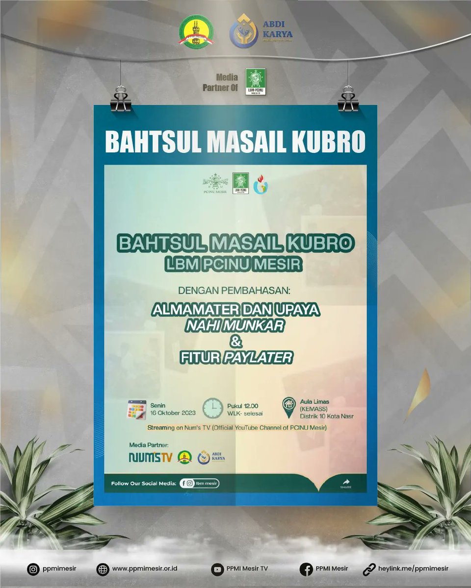 PPMIMESIROFC's tweet photo. Melalui berbagai rumusan yang akan diadu dan ditarungkan sesuai dengan norma, diskusi fikih yang progresif, aktual, dan menjawab tantangan zaman, forum tahunan yang penuh dengan gengsi, LBM PCINU Mesir mempersembahkan :

BAHTSUL MASAIL KUBRO 2023 📚📖 https://t.co/NvkIPv1P0C