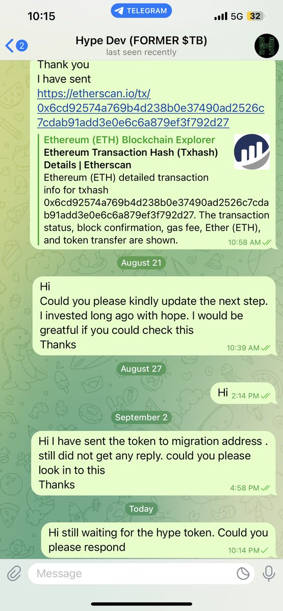 Cryptohack37084's tweet photo. @TakeshisReturn @HYPEerc20 Dev not replying for a long time after i have sent token to migration wallet. Could not trust him https://t.co/5uzYFUSIJF
