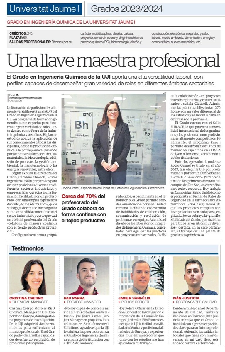 Nuria Vicente-Agut (@nuria_vicente_) on Twitter photo Avui, <a href="/epmediterraneo/">El Periódico Mediterráneo</a> ha publicat un reportatge sobre la gran projecció laboral del nostre grau a <a href="/UJIuniversitat/">Universitat Jaume I</a>
#somenginyeriaquímica
#somuji Avui, <a href="/epmediterraneo/">El Periódico Mediterráneo</a> ha publicat un reportatge sobre la gran projecció laboral del nostre grau a <a href="/UJIuniversitat/">Universitat Jaume I</a>
#somenginyeriaquímica
#somuji