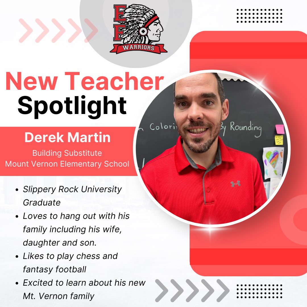 ⭐ New Teacher Spotlight ⭐
Please take a minute and welcome Mr. Derek Martin to the 2023 - 2024 Elizabeth Forward Staff! Mr. Martin is the new building substitute at Mount Vernon Elementary School. Welcome Derek! #EFEAteaches