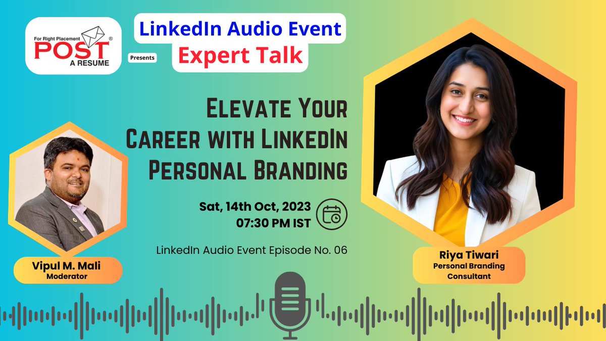 🚀 Join Us Today at 7.30 pm IST!
Get ready for an insightful LinkedIn live audio session on personal branding with Riya Tiwari, a diverse professional. linkedin.com/events/7117124…
#CareerElevation #LinkedInSuccess #ExpertTalk #VipulTheWonderful #postaresume