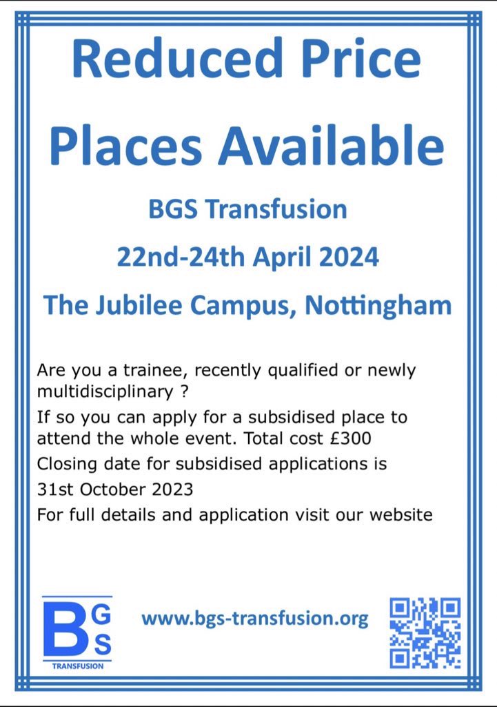 BGSTransfusion's tweet image. So… having attended #BBTS2023 and #IBMS2023… I am totally excited about #BGS2024…. Get you early bird registration done! Time is running out!! @BritishBloodTS @IBMScience
