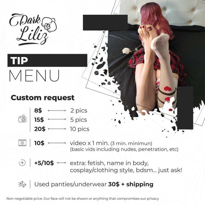 My first official Tip Menu! I like how it looks 🥰 tried to make it simple. If you like something to ask<a href="/tag/sexy"class="tags"><span>#sexy</span></a><a href="/tag/hot"class="tags"><span>#hot</span></a><a href="/tag/feet"class="tags"><span>#feet</span></a><a href="/tag/foot"class="tags"><span>#foot</span></a><a href="/tag/toe"class="tags"><span>#toe</span></a><a href="/tag/toes"class="tags"><span>#toes</span></a><a href="/tag/milf"class="tags"><span>#milf</span></a><a href="/tag/feetjob"class="tags"><span>#feetjob</span></a>