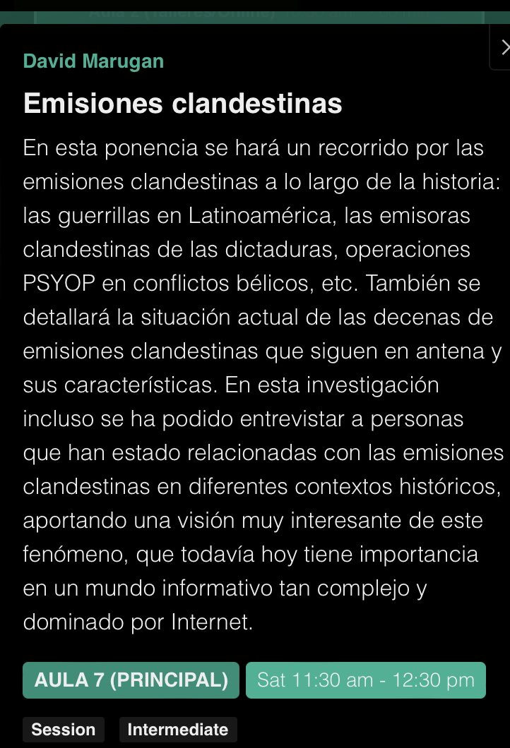 RadioHacking's tweet image. 📢 Para quien pueda interesarle. Estaré el próximo sábado 21 de octubre en la #WorldParty2023 con la charla titulada: “Emisiones Clandestinas”. Descripción de la charla en la foto. Toda la info e inscripciones en la web: worldparty.hackmadrid.org/index.html #COMINT #SIGINT 
📻📡 👇👇👇