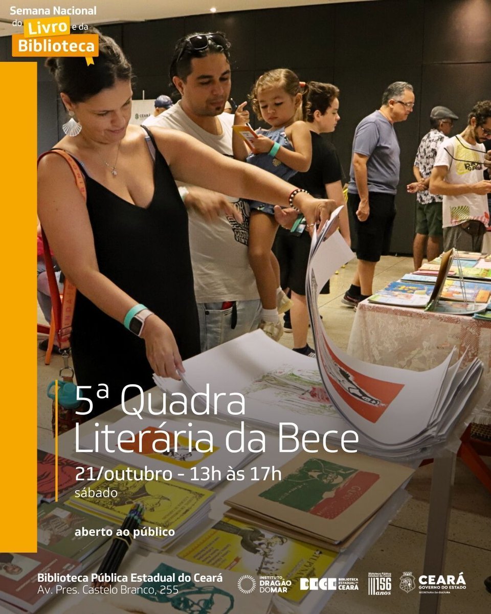 #feiradelivros •  A Bece realiza a V Quadra Literária, que reunirá diversos artistas da literatura cearense, acontece no dia 21/10, a partir das 13h, no espaço Multiuso da Biblioteca Pública.

Compartilhe com quem vai adorar te acompanhar neste evento! 📖