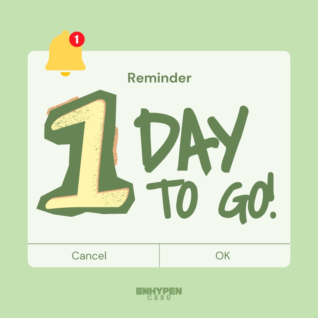 enhypencebuphi's tweet photo. [💚] D-1

Got your heartthrobbing? Jalnandans, the wait is nearly over!

Don't be late and see you all at 2:00 PM at A Little Tea - IT Park! 🫶

#ENHYPEN #엔하이픈 #HEESEUNG #희승 #Célèbre #TheHeartthrob #ENHYPEN_Cebu https://t.co/e0eY1t2SCG
