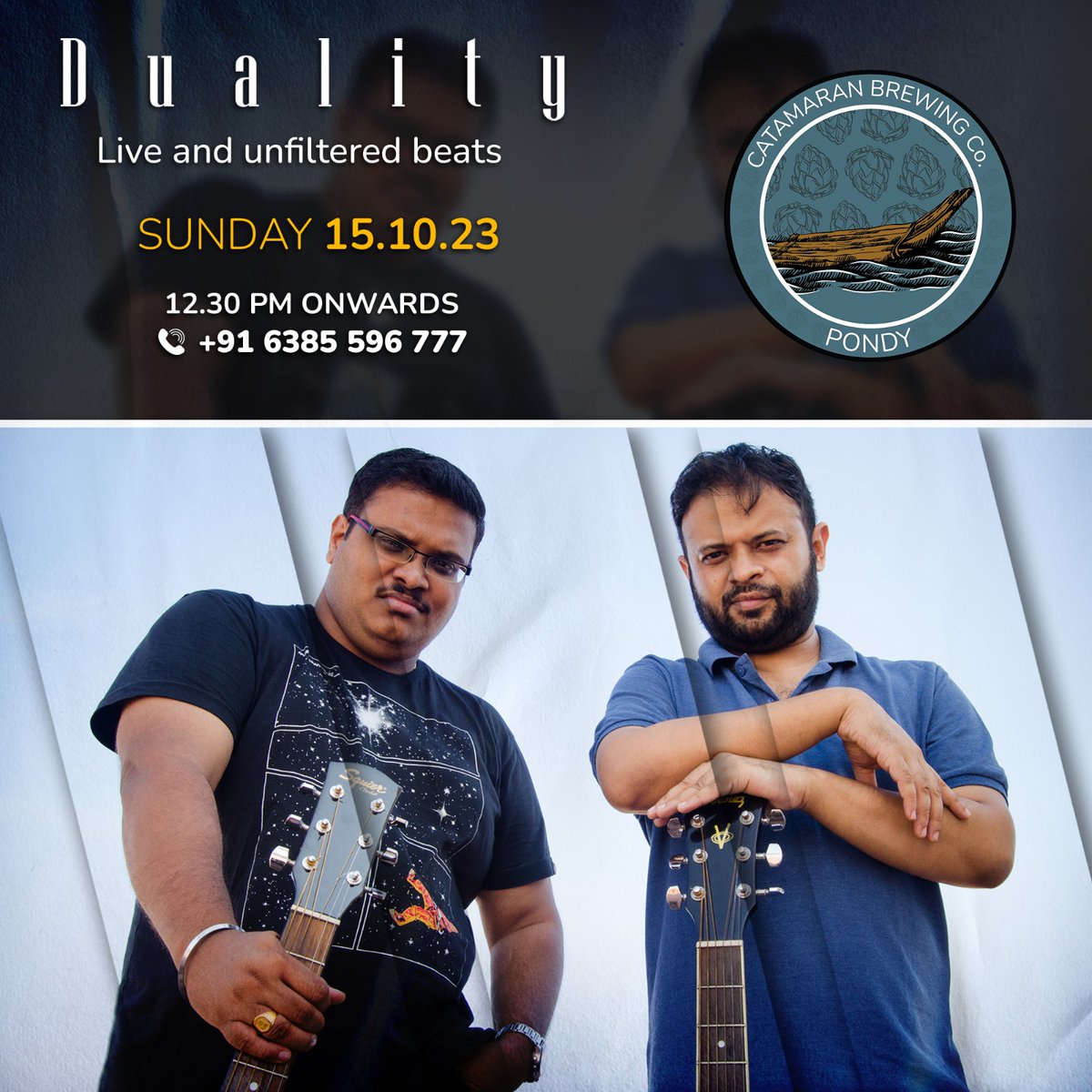 DualityTheBand's tweet photo. Enjoy a lazy Sunday with us at Pondicherry.  We're playing a lot of our original music along with some select covers. Sunday 15th October at Catamaran Brewing Co. Pondy! @metalmanoj @captain_catpain https://t.co/oOAttruKNR
