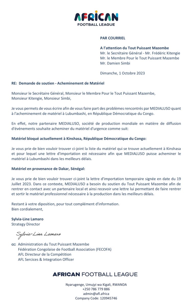#RDC🇨🇩: "Malgré une demande officielle, l'Etat congolais ne permet toujours pas l'entrée du matériel de production du 1er match de Mazembe en African football league contre espérance de Tunis le 21 octobre. Le club de Lubumbashi menacé d'élimination" (Responsable sportif)