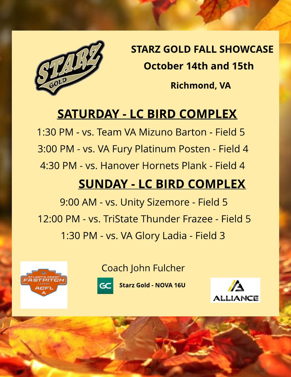 UPDATED SCHEDULE FOR THIS WEEKEND... No more rain please!  <a href="/18uStarz/">Starz 18u Gold</a> <a href="/StarzGoldEvents/">Starz Gold Events</a> <a href="/2027StarzNat/">Starz Gold 2027 National</a> <a href="/thealliancefp/">The Alliance Fastpitch</a> <a href="/jmrw20/">Justin Walker</a> <a href="/CoachJexx_RMU/">Coach Jexx</a> <a href="/Bh2osoftball/">Bridgewater Softball</a> <a href="/DrCoachBrown5/">Megan Brown PhD</a> <a href="/SUHornetsSB/">Shenandoah University Softball</a> <a href="/MarymountSball/">Marymount Softball</a> <a href="/RoanokeSoftball/">RoanokeSoftball</a>