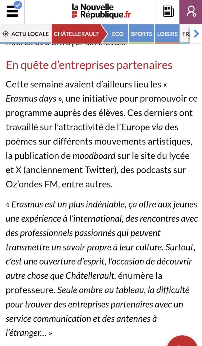 Alice LOIZEAU-CHEVALLIER (@loizeau_alice) on Twitter photo Merci à <a href="/lanouvellerep_/">La Nouvelle République</a> pour ce bel article ! Les #ErasmusDays ne sont pas encore terminés !
Si vous avez des contacts d’entreprises, n’hésitez pas à les transmettre au lycée ! Merci pour nos élèves 🤗
<a href="/Branly86/">É Branly Châtel.</a> <a href="/Chatellerault86/">VilleChatellerault</a> <a href="/RANouvAquitaine/">Région académique Nouvelle-Aquitaine</a> <a href="/acpoitiers/">Académie de Poitiers</a> Merci à <a href="/lanouvellerep_/">La Nouvelle République</a> pour ce bel article ! Les #ErasmusDays ne sont pas encore terminés !
Si vous avez des contacts d’entreprises, n’hésitez pas à les transmettre au lycée ! Merci pour nos élèves 🤗
<a href="/Branly86/">É Branly Châtel.</a> <a href="/Chatellerault86/">VilleChatellerault</a> <a href="/RANouvAquitaine/">Région académique Nouvelle-Aquitaine</a> <a href="/acpoitiers/">Académie de Poitiers</a>