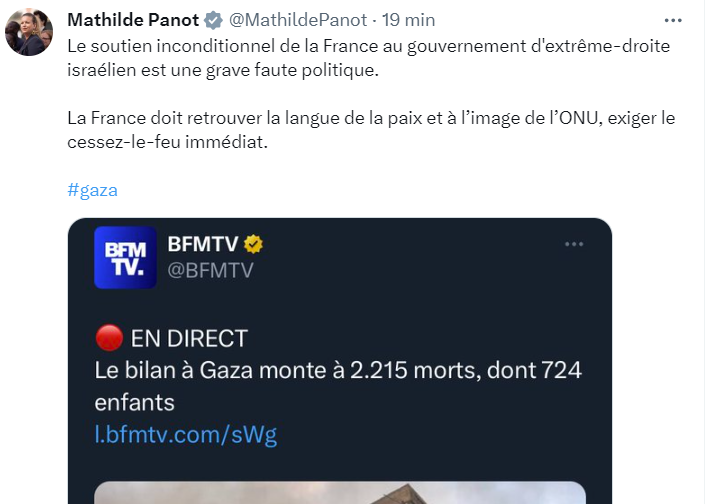 julienbahloul's tweet photo. Chaque tweet des LFI me donne la nausée. 

La voix de la paix @MathildePanot ? Mais avec qui ? Je suis Israélien, de gauche, j'ai manifesté pendant des mois contre le gouvernement israélien.

Mais face au Hamas il n'y a pas de droite ou de gauche possible. Il n'y a qu'une seule politique possible : nous battre pour survivre. 

Gouvernement d'extrême droite ? Vous êtes tellement coupée de la réalité que vous n'avez pas vu que nous sommes à présent dans un gouvernement d'union. 

Votre tweet sous entend que le problème est la politique du gouvernement israélien...alors même que nous sommes les agressés. 1200 morts.... combien de sang juif doit couler pour avoir votre misérable sympathie ? Tout doit être calcul electoral en circonscription ?

Le Hamas appelle a l'extermination de l'Etat d'Israël : on est censé avoir quelle langue de paix sur cette base ? 

Vos slogans sont creux.

Vous n'avez pas dit un mot de soutien aux Palestiniens lorsqu'ils se faisaient martyriser par le Hamas cet été. Silence radio complice et hypocrite. 

Les Palestiniens méritent de vivre libres, indépendants et d'avoir un Etat. Ceci implique être libres du Hamas. Mais là dessus, vous vous taisez. Bien entendu. Pas de vague...

Vous refusez même la base, de dire "organisation terroriste", pourtant définition de l'UE depuis plus de 20 ans.

Qu'esperez-vous obtenir par une telle attitude ? 

Vous pouvez déposer autant de signalements contre moi à la procureure.

Ce n'est pas la procureure qui vous jugera. 
C'est l'histoire.

Vous et votre islamo-gauchisme indigne.