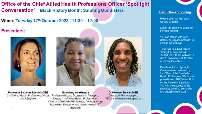 To all my fellow Allied Health Professionals, Happy #AHPsDay2023 <a href="/WeAHPs/">WeAHPs 💙</a>. Thank you for everything you do to improve lives.

Looking forward to sharing a conversation with Nomalanga Makhanda, with you on 17/10/23. #BHM  <a href="/SuzanneRastrick/">Suzanne Rastrick</a> #SalutingOurSisters
