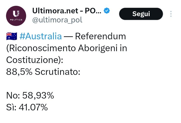 Già è paradossale che chi è arrivato in Australia l'altro ieri faccia un referendum per stabilire se è giusto riconoscere in Costituzione quelli che ci stanno da sempre. Poi pure questo risultato demmerda. Ingiustizie e prepotenze anche down under.
#AustraliaVotes