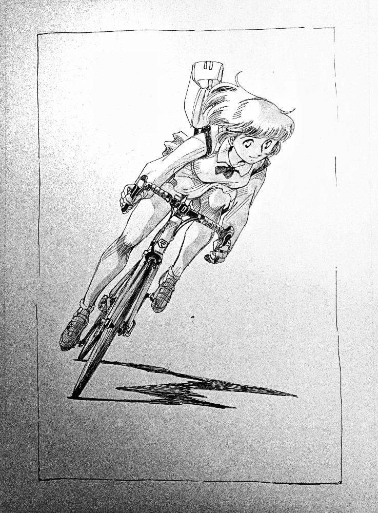 自転車描き始めた中3の時  自転車は目の前にあるんだから、まんまを描けばいい。クルマやバイクと違い軽いので、ひっくり返して細部を知るのもカンタンだ。  問題は【人間とどう絡ませるか】 こっちの方が100倍難しい。 自転車どんなに正確に描けても、人間がサマになってないとお粗末なのだーー(TдT)