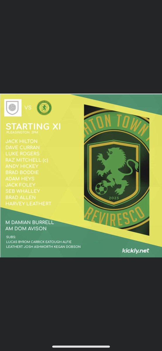 Back in league action today. A 6-0 win in this previous fixture. Looking for the same again🔰

#towntowngreenandgoldarmy

🆚Blackburn Rangers
🏟️Pleasington
⏱️2pm KO

Thanks and mentions to our sponsors and partners for the upcoming season!

STARTING LINE UP AS FOLLOWS: