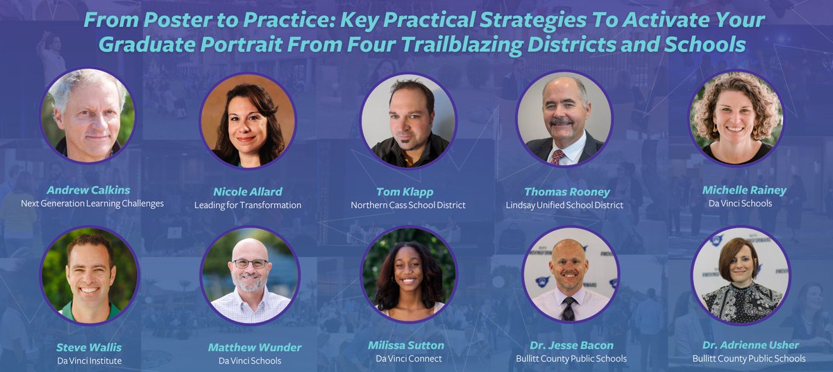 Headed to #Aurora23? Come to PrimroseD @ 1:45 Monday for the awesome session 'From Poster to Practice.' Get practical strategies to activate your #GraduatePortrait with this amazing lineup of educators! #PortraitToPractice @andrewcalkins @NCSD97 @lindsayunified @dvschools @bcpsky